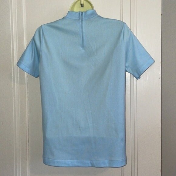 Sears Light Blue Polyester Mock Turtleneck Knit Short Sleeved Top Womens Small - Picture 2 of 4